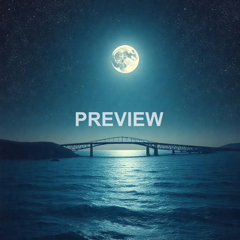 The image shows a large, bright full moon illuminating a calm body of water with a bridge spanning across it under a starry night sky.